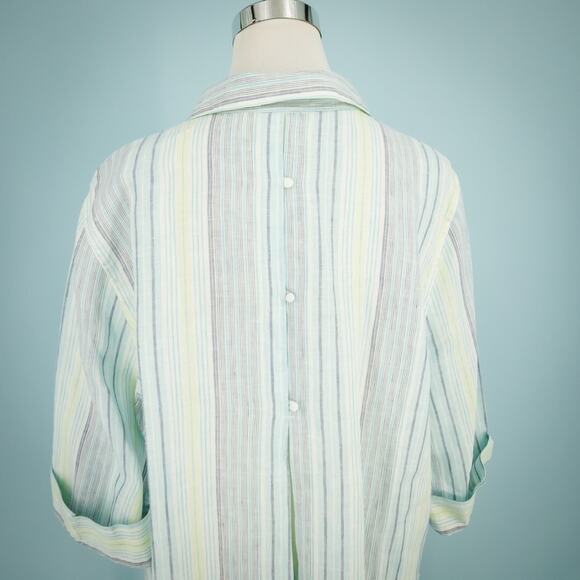 Chico's 3 Size XL Blue Stripe Print Button Tab Sleeve No Iron Linen Tunic Top - Picture 2 of 7